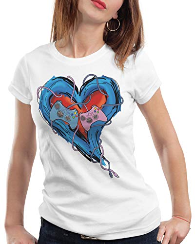 CottonCloud Gamer Love T-Shirt da Donna Video Gioco partenariato Amore, Colore:Bianco, Dimensione:S