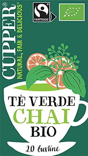 CUPPER Tè Verde Chai Biologico Fairtrade con Cannella, Tè Leggero e Rinfrescante, Ingredienti da Agricoltura Biologica, Filtri 100% Biodegradabili, Confezione da 20 Bustine
