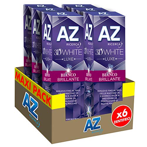 Dentifricio AZ 3D White Luxe con Azione Sbiancante Denti Professionale, per una Pulizia Denti Profonda e un Bianco Brillante, Maxi Formato da 6 Confezioni X 75ml