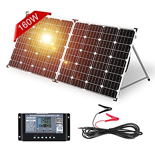 DOKIO Valigetta solare da 160 W, 18 V, con regolatore di carica solare (2 porte USB), pannello solare, pieghevole, per batteria da 12 V, inclusa borsa per il trasporto solare, campeggio, camper, barca