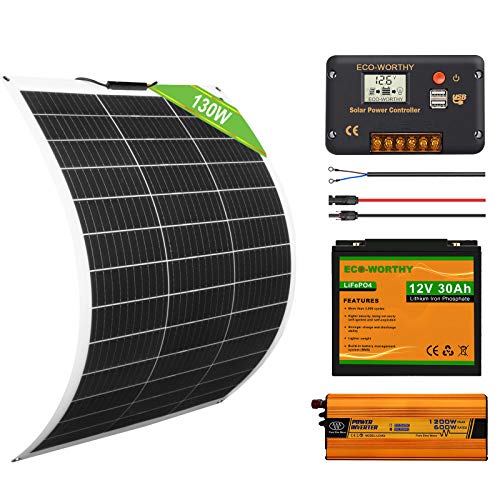 ECO-WORTHY 130W 12V Kit Fotovoltaico Completo: Pannello Solare Flessibile 130W+ Batteria al Litio 30Ah per Camper Barca Casa Applicazioni Off-Grid