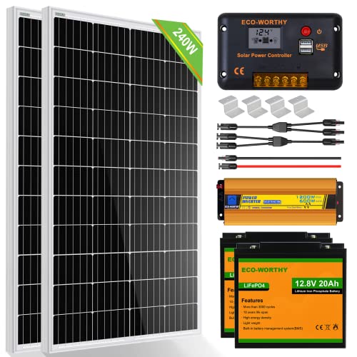 ECO-WORTHY Kit Completo di Pannelli Solari Off-grid da 240W 12V con Inverter e Batteria al Litio:Pannelli Solari da 120W*2+ Regolatore di Carica da 30A+ Batterie al Litio da 20Ah*2+ Inverter da 600W