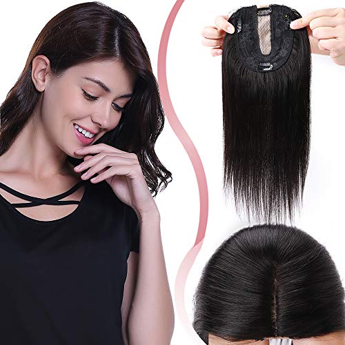 Elailite Hair Topper Capelli Veri Clip Extension Donna 10cm*12cm con Silk Lace Protesi Toupet Toupee Human Hair 15cm 27g #1B Nero Naturale