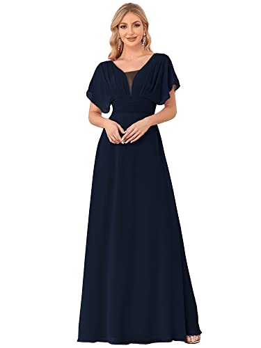 Ever-Pretty Vestito da Damigella Donna Chiffon Linea ad A Scollo a V Maniche Corte Stile Impero Lungo Blu Navy 44