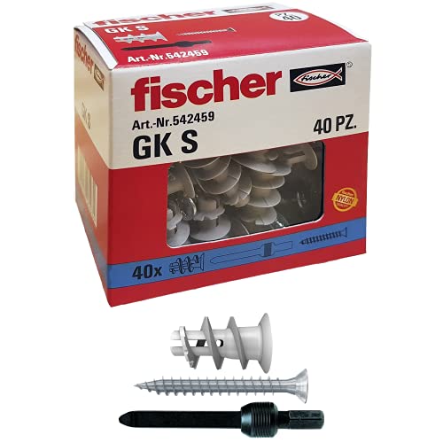 Fischer 542459 40 Tasselli GK con Vite specifici per Cartongesso, Include Accessorio di Montaggio, Grigio, pz, Set di 40 Pezzi