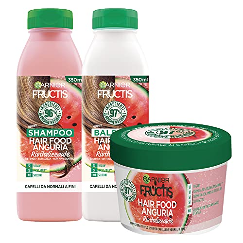 Garnier Fructis Hair Food Anguria Rivitalizzante, Kit con Shampoo, Balsamo e Maschera per Capelli da Normali a Fini, Fino al 98% di Ingredienti di Origine Naturale, Senza Siliconi