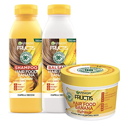 Garnier Fructis Hair Food Banana Nutriente, Kit con Shampoo, Balsamo e Maschera per Capelli Secchi, Fino al 98% di Ingredienti di Origine Naturale, Senza Siliconi