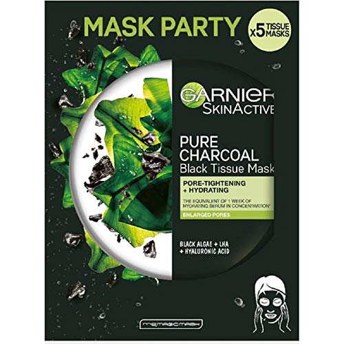 Garnier SkinActive, Maschera in tessuto idratante e purificante Pure Charcoal, Per pelli con pori dilatati, Carbone vegetale, Alghe nere e LHA, Confezione da 5