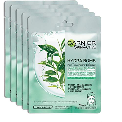 Garnier SkinActive, Maschera in tessuto super-idratante e opacizzante Hydra Bomb, Per pelli miste o grasse, Tè verde, Confezione da 5
