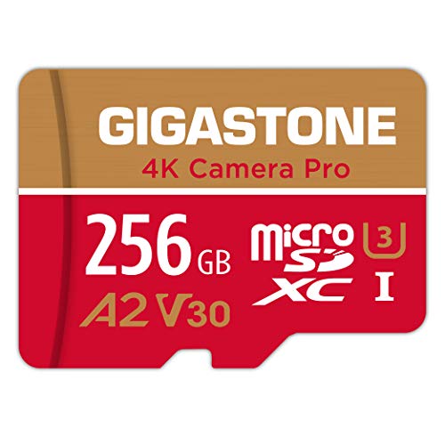 Gigastone Micro SD 256 GB, 4K Camera Pro Serie, A2 U3 V30 Per Telefono, Fotocamera, Videocamera, Tablet, Gopro, Switch, Velocità Fino a 100 60 MB s (R W) + Adattatore Scheda SD