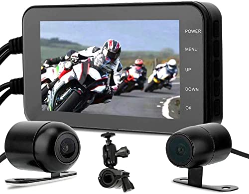 Hakeeta Dash Cam per Moto, 1080P 4IN, Touch Screen, Impermeabile, WiFi, sensore G, rilevamento del Movimento, videocamera Anteriore e Posteriore con videocamera, Monitor di parcheggio, Ricaricabile