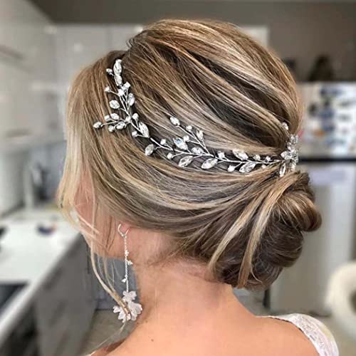 Handcess Cerchietto da sposa in cristallo con foglie in argento, accessori per capelli da sposa, strass per sposa e damigelle d onore