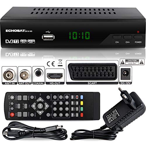 hd-line 2910 M DVBT2 Ricevitore Full HD 1080P 4K per TV (HEVC H.265 HDMI SCART, USB 2.0, DVBT-2, DVB-T2, DVB T2, DVBT 2), Reciver, Ricevitore, Nero,