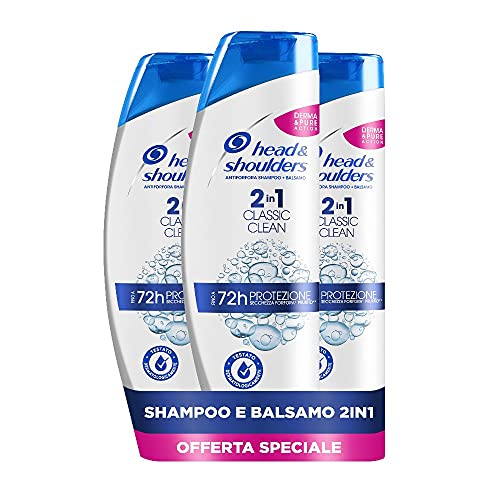 Head & Shoulders Shampoo Antiforfora Classic Clean 2 in 1 Shampoo e Balsamo, Confezione da 3 x 540ml, per Capelli Grassi, Senza Parabeni, Fino a 72 Ore di Protezione