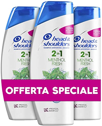 Head & Shoulders Shampoo antiforfora Menthol Fresh 2 in 1 Shampoo e Balsamo, Confezione da 3 x 540 ml, per Capelli Grassi, Fino a 72 Ore di Protezione