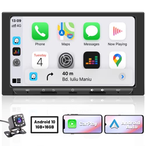Hikity Autoradio 2 Din Android con Wireless Carplay e Android Auto 7 Pollici Touchscreen Stereo 2 Din Android GPS Radio Auto con Schermo Navigator RDS FM USB WIFI SWC Schermo Diviso+Retrocamera