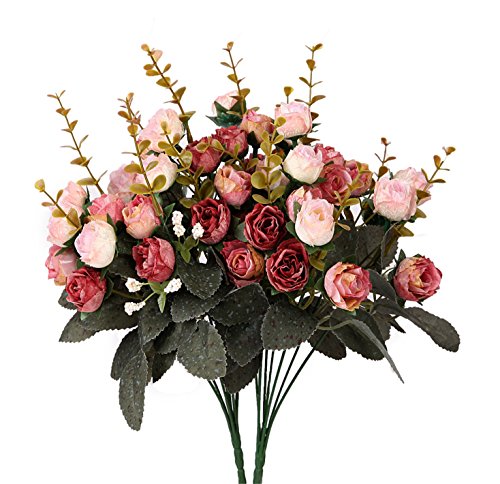 Houda - Bouquet di rose artificiali in seta, rami con boccioli e foglie, decorazione floreale per matrimonio, confezione da 2 Pink Coffee