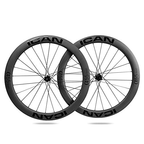 ICANIAN Ruote in carbonio Alpha 55 Disc Ruote per bici da strada 55 mm Clincher tubeless Ready Disco Freno 12 x 100 12 x 142 mm