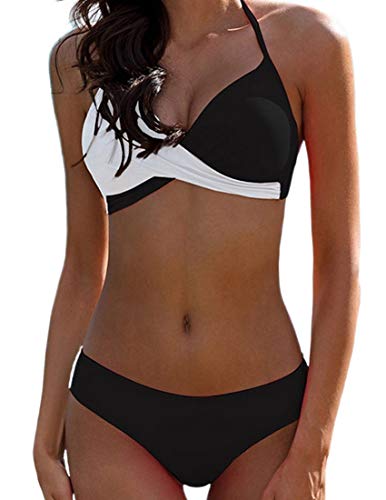 JFAN Donna Costume da Bagno Push Up Imbottito Reggiseno Bikini Donna Due Pezzi Swimwear Abiti da Spiaggia (Nero, S)