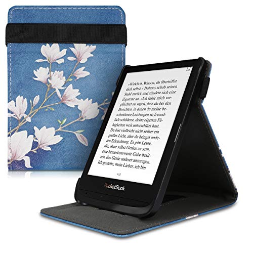 kwmobile Custodia verticale e-Reader compatibile con Pocketbook Touch Lux 4 Lux 5 Touch HD 3 Color (2020) - Custodia con fascia e leggìo - Flip Case in pelle PU - Magnolie marrone bianco grigio blu