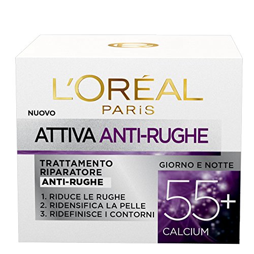 L Oréal Paris Attiva Antirughe 55+ Crema Viso Donna Antirughe Riparatrice Giorno e Notte con Calcium, 50 ml