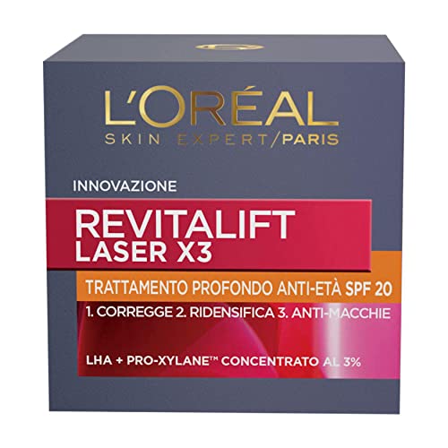 L Oréal Paris Crema Viso Giorno Revitalift Laser X3, Azione Antirughe Anti-Età con LHA e Pro-Xylane, Protezione SPF 20, 50 ml