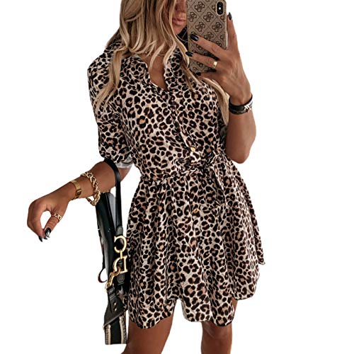 Loalirando Abito Donna Maniche Lunghe Stampa Leopardato Camicia Elegante Donna Ufficio Casual Cerimonia (Leopardo, L)
