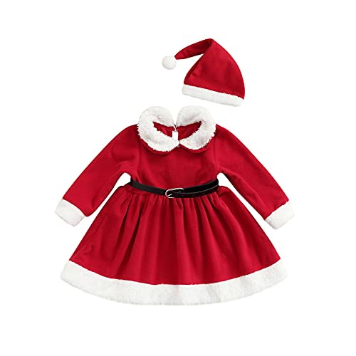 Loalirando Completo Bambina Elegante Abito di Natale Bambina Neonata Vestiti Bambina Invernali+Cappello di Natale per Bambini+Cintura (Rosso, 12-18 Mesi)