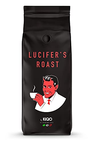LUCIFER S ROAST 1kg Espresso by KIQO dall Italia - caffè in grani estremamente forte - basso contenuto di acidi - 100% Robusta - 571 mg di caffeina per tazza - (chicchi di caffè, 1000g)