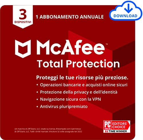 McAfee Total Protection 2022 | 3 dispositivi | Software antivirus e di sicurezza Internet | Include VPN, gestore delle password | PC Mac Android iOS | Abbonamento di 1 anno | Codice di download