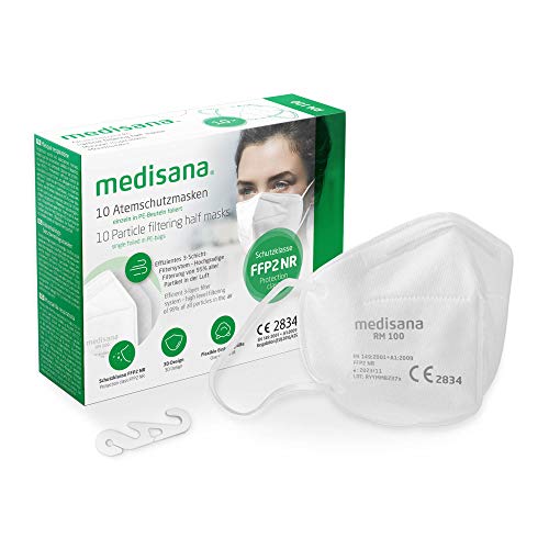 Medisana FFP2 Maschera di Protezione Respiratoria, Maschera Antipolvere RM 100, 10 pezzi, in Sacchetto PE con Clip, Certificato CE2834, EU 2016 425, Testato TÜV