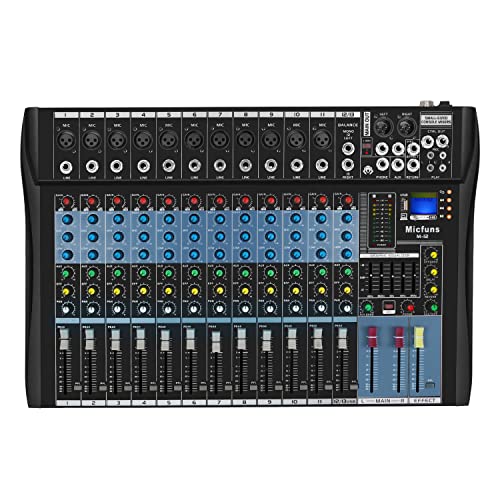 Micfuns - Studio Live Mixer 12 canali, console DJ professionale, suono stereo, Bluetooth, per registrazione computer, riproduzione, amplificatore mixer audio digitale USB con alimentazione phantom
