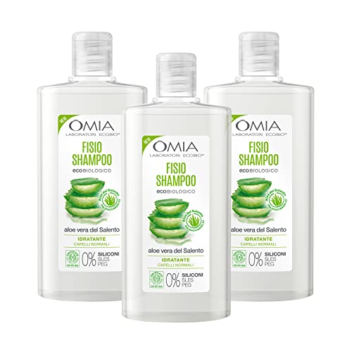 Omia, Fisio Shampoo Eco Bio con Aloe Vera del Salento per Capelli Normali, Idratante ed Equilibrante, Shampoo per Lavaggi Frequenti, Senza Siliconi e SLES, 3 Flaconi da 200 ml