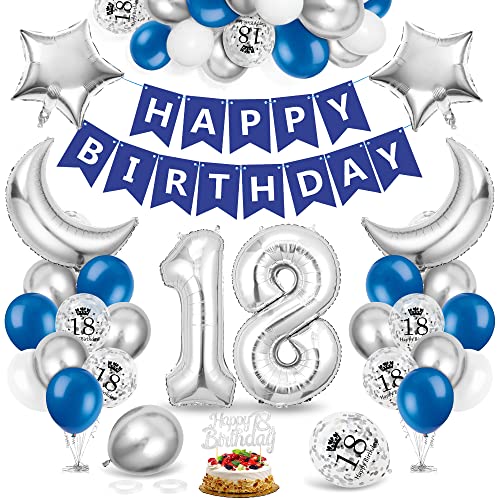 Palloncini Compleanno 18 Anni, Decorazioni per Feste di Compleanno, Palloncini Blu Bianco Argento, Banner Buon Compleanno, Topper per Torta, per Compleanno Anniversario Festa