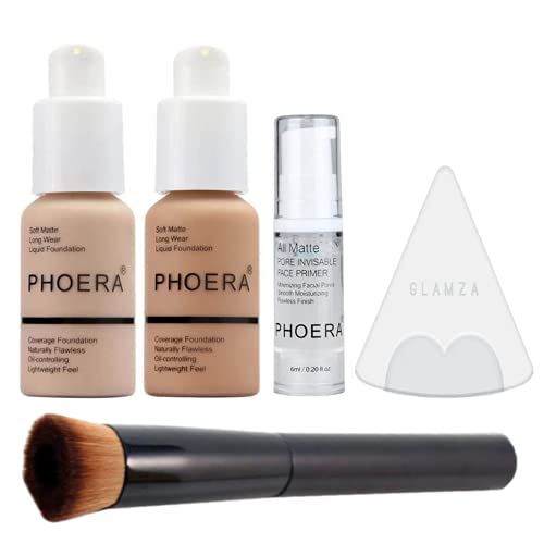 Phoera - Set da trucco a copertura completa, include fondotinta opaco da 30 ml, primer viso da 6 ml, pennello per fondotinta liquido e spugna in silicone per una facile applicazione.