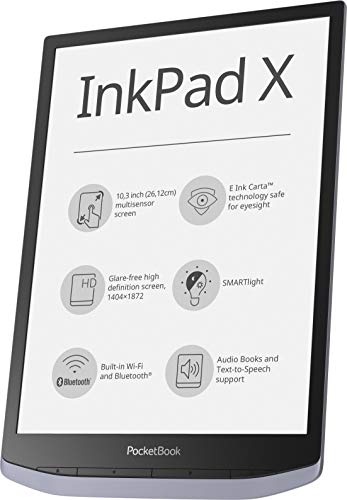 PocketBook, e-Book Reader  InkPad X  (32 GB di memoria, display da 26,12 cm (10,3 Zoll) E-Ink Carta, SMARTlight), colore: grigio metallizzato