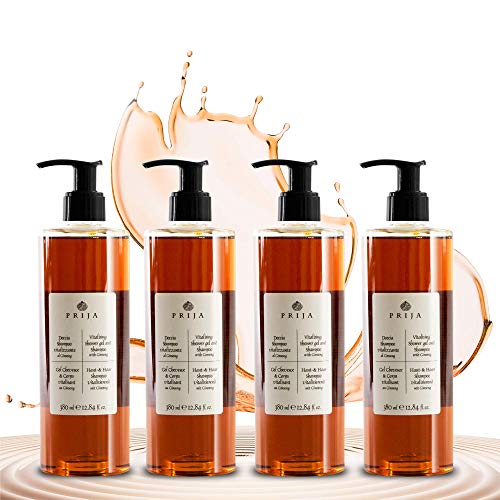 Prija - Gel doccia e shampoo con ginseng, 4 flaconi da 380 ml, linea corpo e capelli