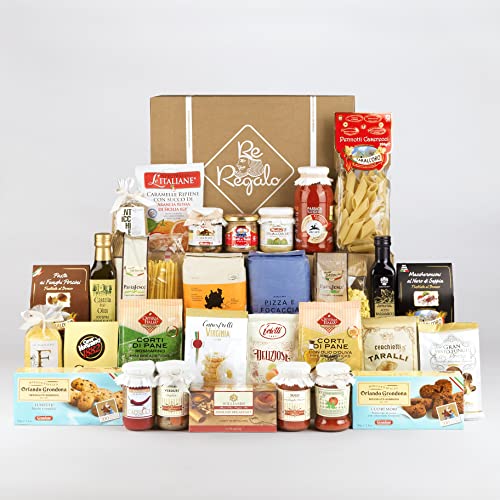 Re Regalo SPESA IN BOX Kit Degustazione 30 prodotti, Cesto alimentare, prodotti dolci e salati, specialità italiane, olio extravergine di oliva, pasta, sughi, caffè, biscotti, prodotti di qualità