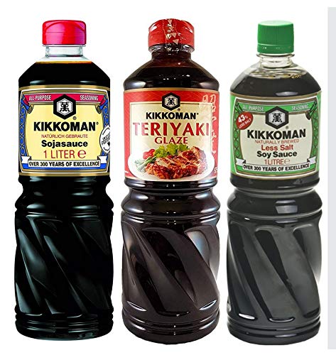 salsa di soia Kikkoman - 1000 ml   1 Litro - 43% meno sale + salsa di soia Kikkoman - 100ml   1 litro + Kikkoman teriyaki salsa 975 ml