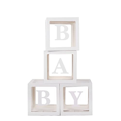 Scatola di palloncini per baby shower 4 scatole bianche trasparenti + 26 lettere (A-Z) + lettere BABY, scatola di compleanno display genere blocco decorativo Decorazioni per feste di festa