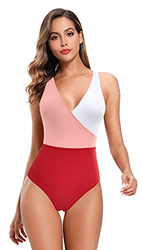 SHEKINI Costume da Bagno Donna Intero Un Pezzo Halter V Scollo Sportivo Slim Elegant Costumi Interi Donna Mare Bikini da Spiaggia (Rosso, L)