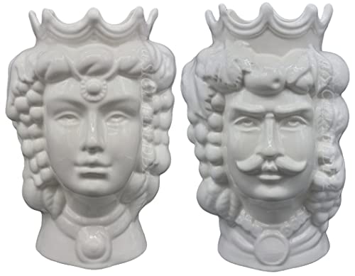 sicilia bedda - Teste di Moro in Ceramica di Caltagirone White Edition - Prodotto 100% Artigianale - Altezza Cm. 35 - Altissima qualità