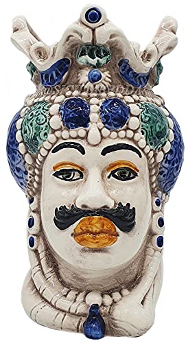 Sicilia Bedda - Teste di Moro Siciliane Ceramica di Caltagirone - Altezza 13 Centimetri - Arredo Casa (Uomo Corona Verde e Blu)