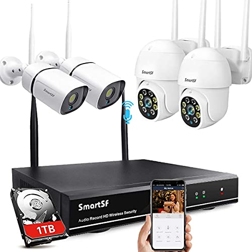 SmartSF Kit Videosorveglianza WiFi, 8CH 3MP NVR e 4x 3MP Telecamere da Esterno Wifi Con Visione notturna a colori,Audio bidirezionale, Accesso remoto e rilevamento movimento-1TB HDD