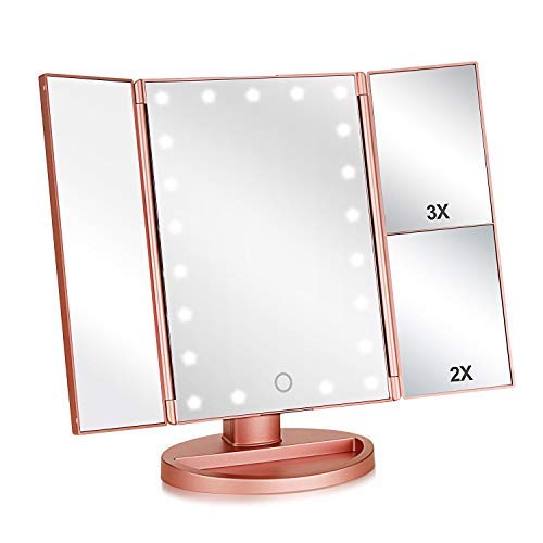 Specchio Trucco,Flymiro Specchio per Il Trucco con Luce 1x   2X   3X Trifold ingrandente 21 LED Touch Screen, Regolabile a 180° Specchio cosmetico per Il Trucco per viaggio(Oro Rosa)