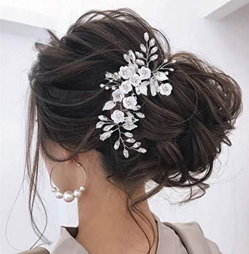 Unicra, fermaglio per capelli a forma di pianta rampicante con fiori e pietre, colore argento, ideale per acconciature da sposa e damigella (argento)