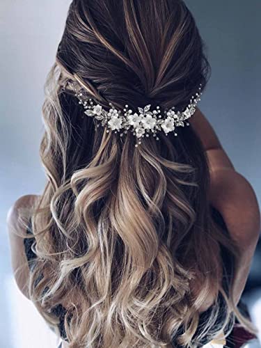 Vakkery - Accessori per capelli da sposa con fiori in argento, con cristalli e perle, viti per capelli da sposa per donne e ragazze
