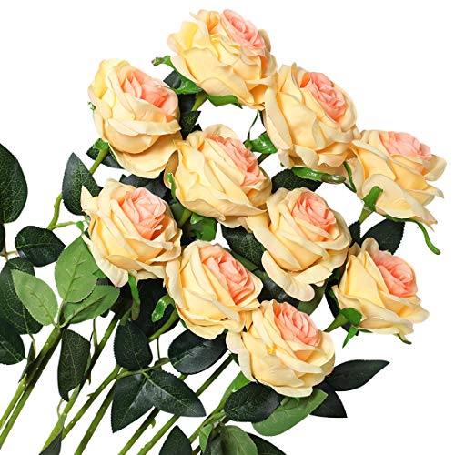 Veryhome 10 Pezzi Fiori Artificiali Rose di Seta Falso Bouquet da Sposa da Sposa per la casa Giardino Partito Decorazioni Floreali (Champagne, Rose in Fiore)