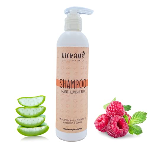 VICKAUS Shampoo Manti Lunghi Bio per cani - Ideato per pelo lungo - Formula naturale all Aloe Vera bio e Olio di Argan bio - profumo al Lampone - 250 ml
