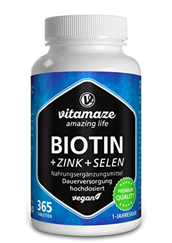 Vitamaze Biotina 10000 mcg + Selenio + Zinco per Pelle, per la Crescita dei Capelli e Unghie Sani, 365 Compresse per 12 Mesi, Vitamina B7, Integratore senza Additivi non Necessari, Qualità Tedesca